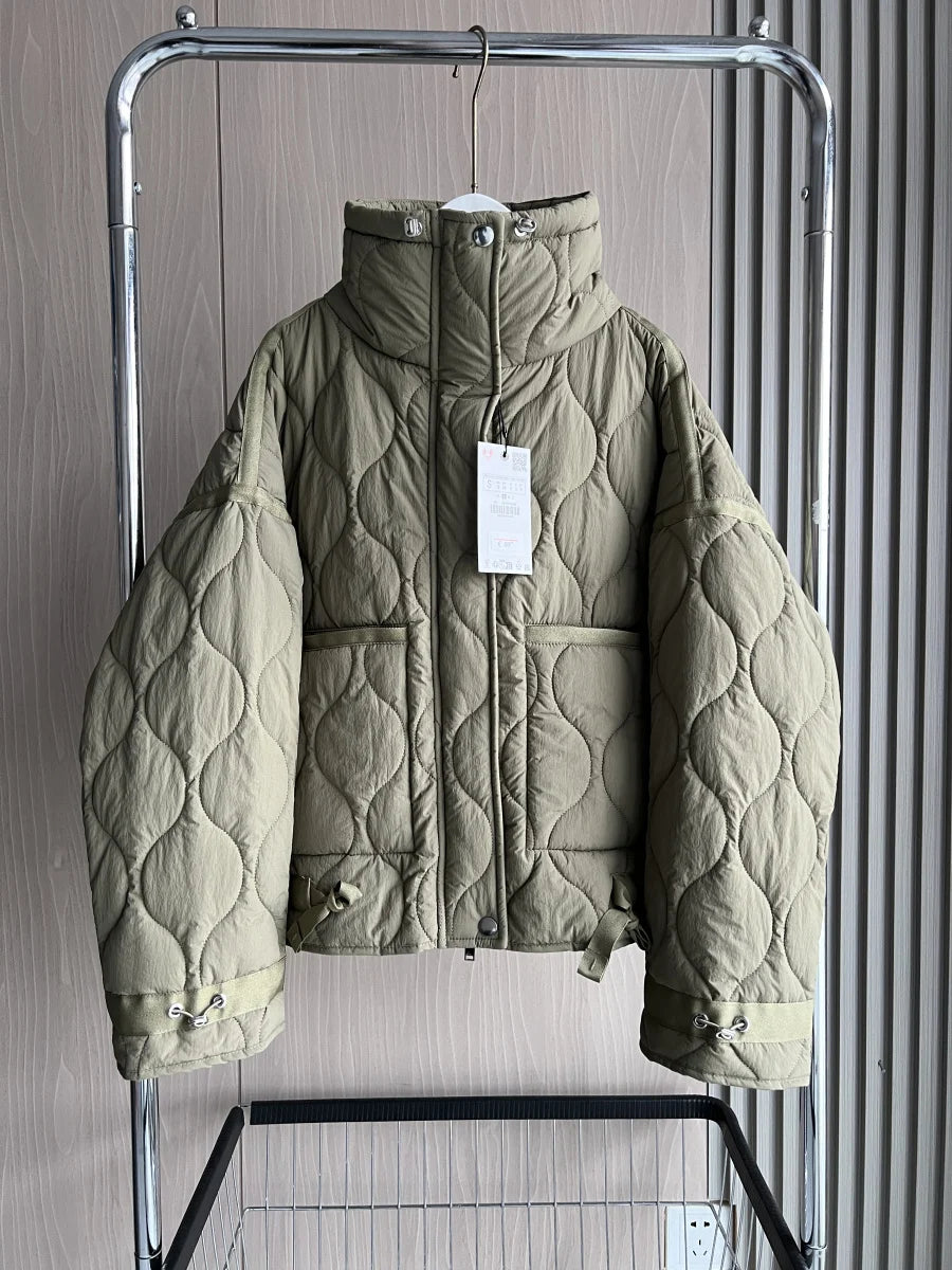Quilted coat for women ETJ 2025 QUILTED JACKET WITH TIES new beige drawstring high neck pocket clip cotton jacket for women