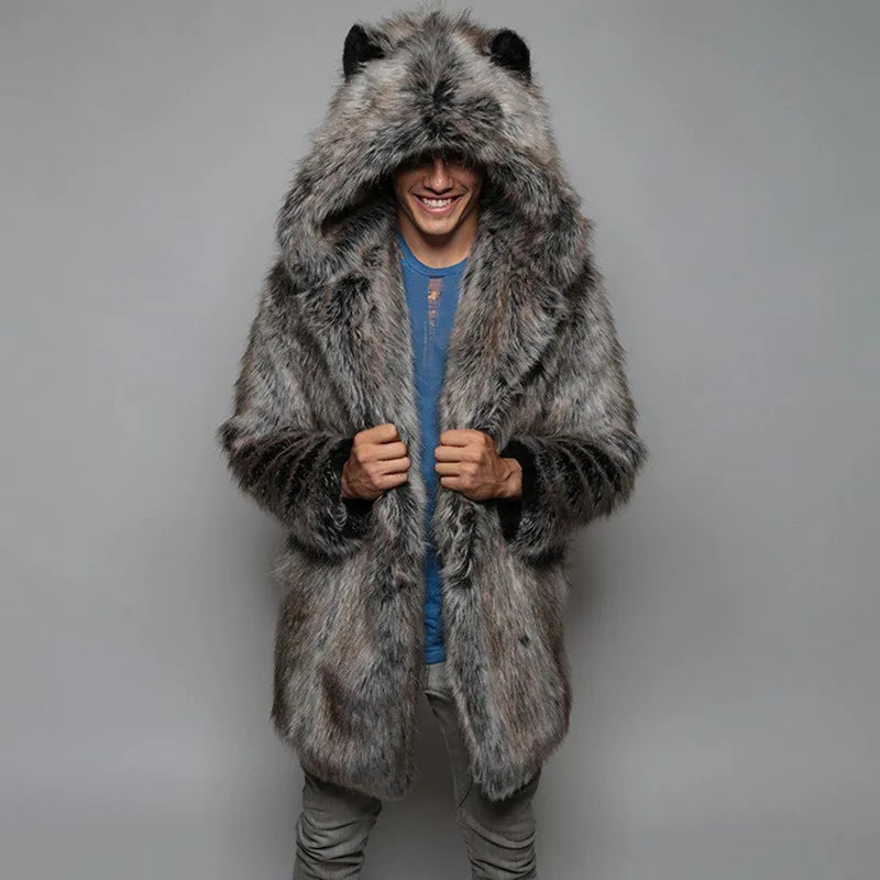 Men's Faux Fur Coat Long Sleeve Hooded Thick Warm Jackets Male Plush Fluffy Cardigan Casual Parka Snow Wear Winter Fur Coat 512