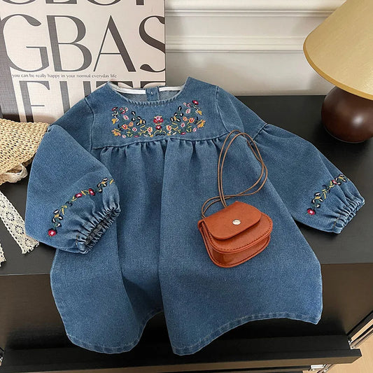 MILANCEL Girls Denim Dresses 2024 Autumn New Embroidery Floral Long Sleeve Dress Children's Daily Casual Clothes