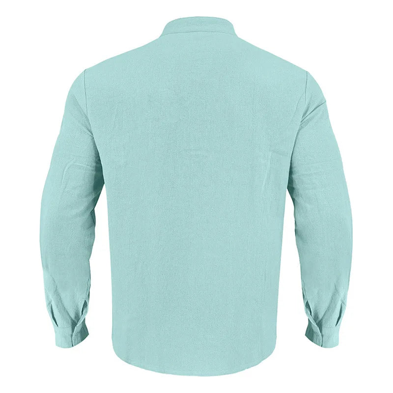 Summer Men's Linen Henry Long Sleeve T-Shirt  European and American Woven Solid Color Casual Polo Shirt