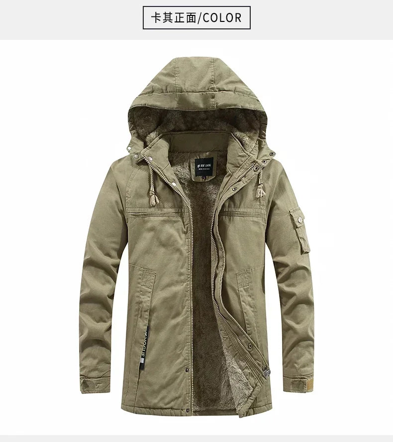 Parkas Coat Military Windproof Hooded Jackets Man Washed Cotton Thick Fleece Casual New  Winter Warm Varsity Jacket Men