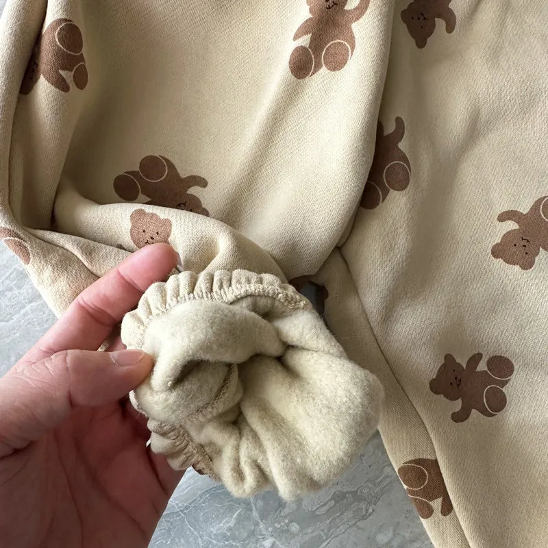 Winter Boys and girls cartoon bears inner fleece sweatpants Children thicken warm loose Trousers