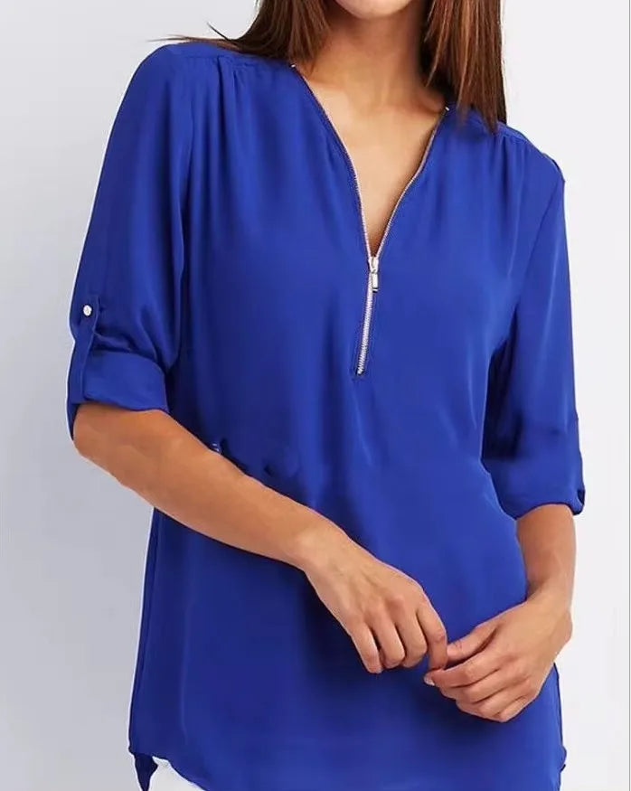2025 Hot Sale Women Cool Loose Shirt Deep V Neck Chiffon Fashion Blouse Casual Ladies Tops Sexy Zipper Pullover Plus Size