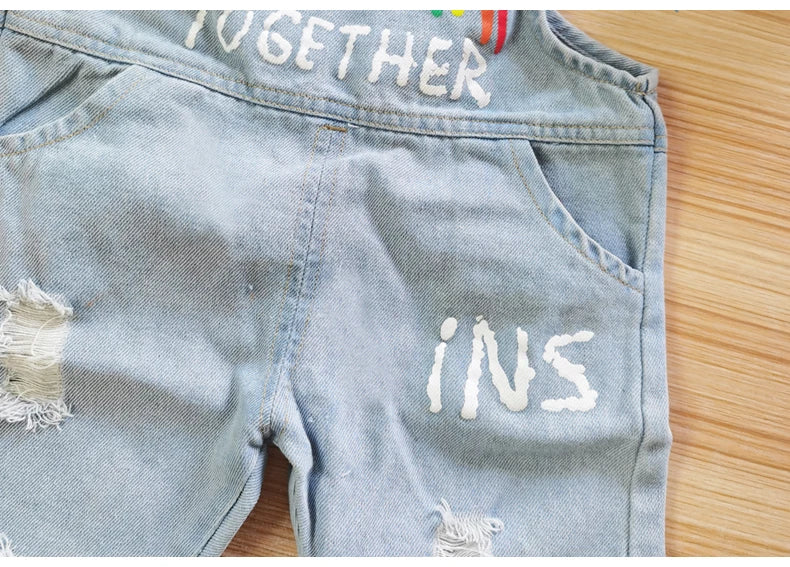 IENENS Baby Dungarees Girls Overalls Hole Wash Jeans Rainbow Print Trousers Denim Jumpsuit Toddler Infant Long Pants 0-4 Years