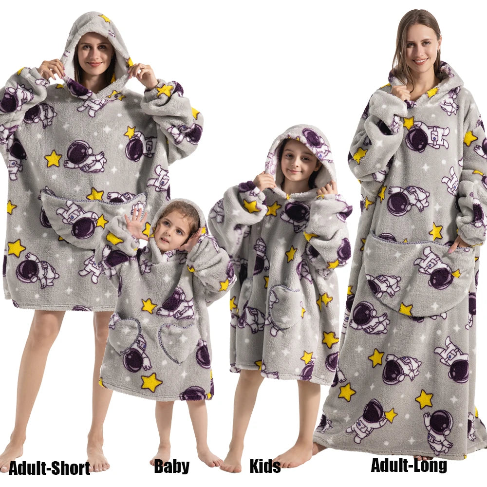 Extra Long Winter Hoodies Sherpa TV Blanket Plush Fleece Family Matching Outfits Sweatshirts Avocado Dinosaur Homewear Oversized