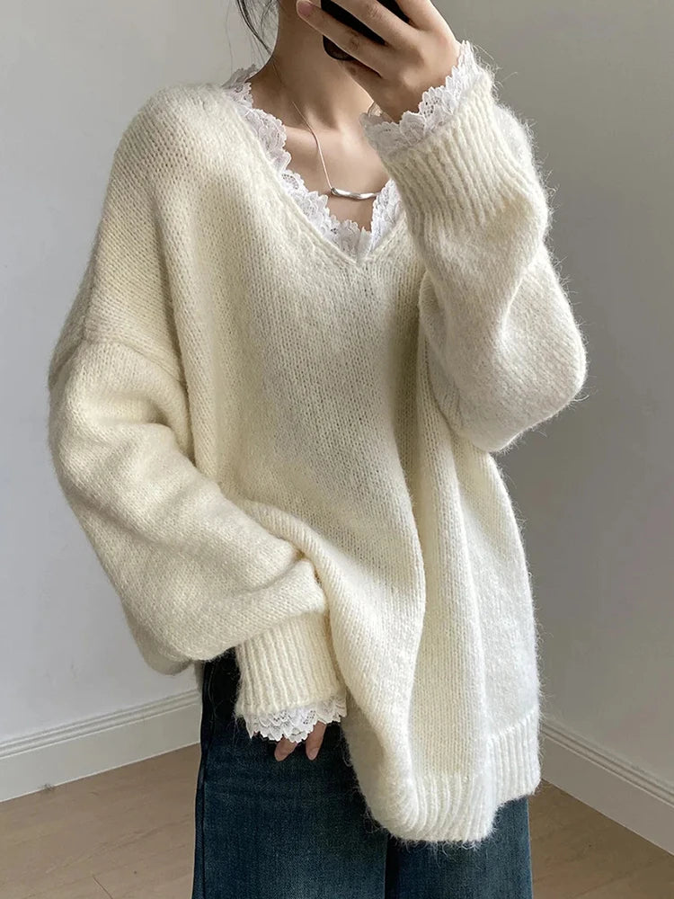Aoaiiys Sweaters Women V Neck Lace Spliced Pullovers Vintage Chic Knitted Jumpers Autumn Winter New Comfortable Loose Sweaters