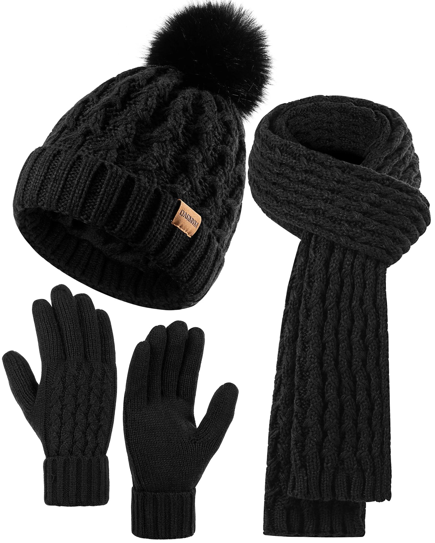 Womens Winter Beanie Hat Touchscreen Gloves Long Neck Scarf Set Warm Knit Caps