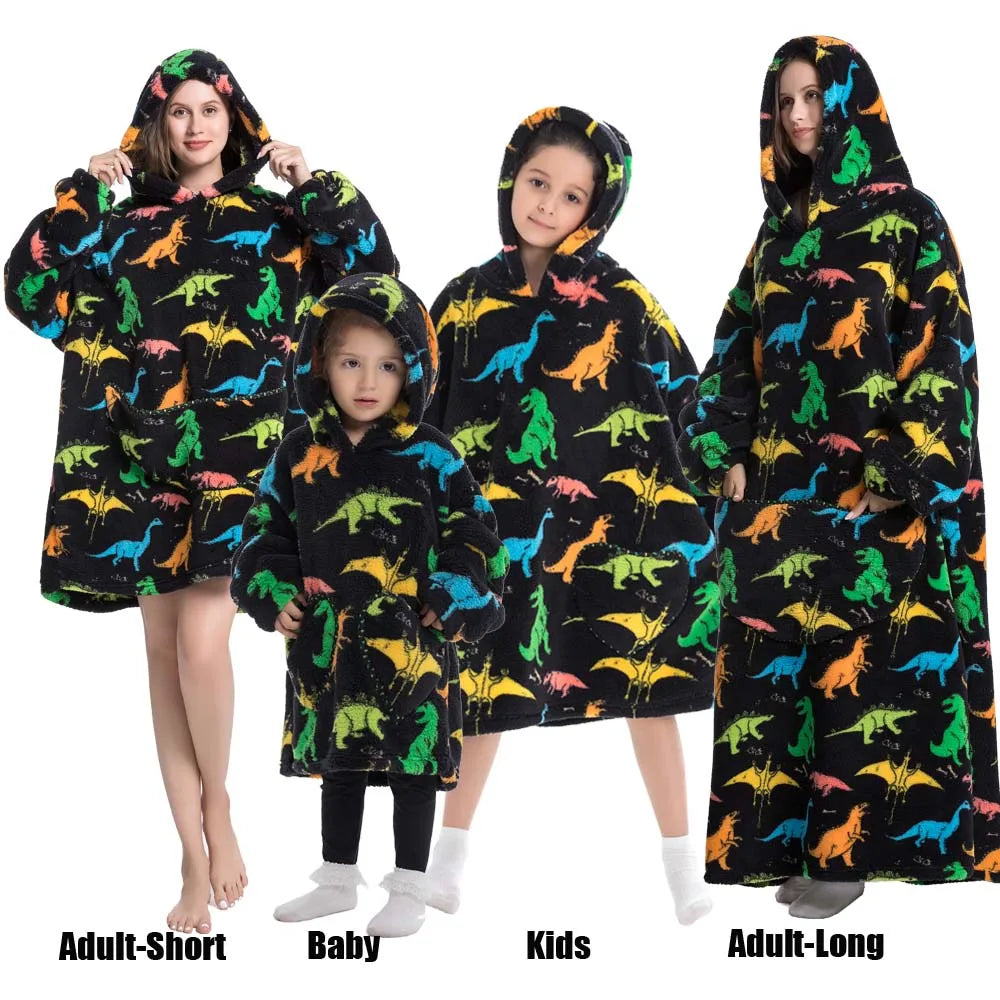 Extra Long Winter Hoodies Sherpa TV Blanket Plush Fleece Family Matching Outfits Sweatshirts Avocado Dinosaur Homewear Oversized