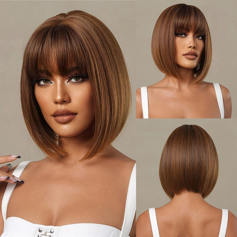 ALAN EATON Layered Synthetic Wigs with Bangs Straight Short Highlights Blonde Hair Wig with for Women Natural Daily Cosplay Wigs