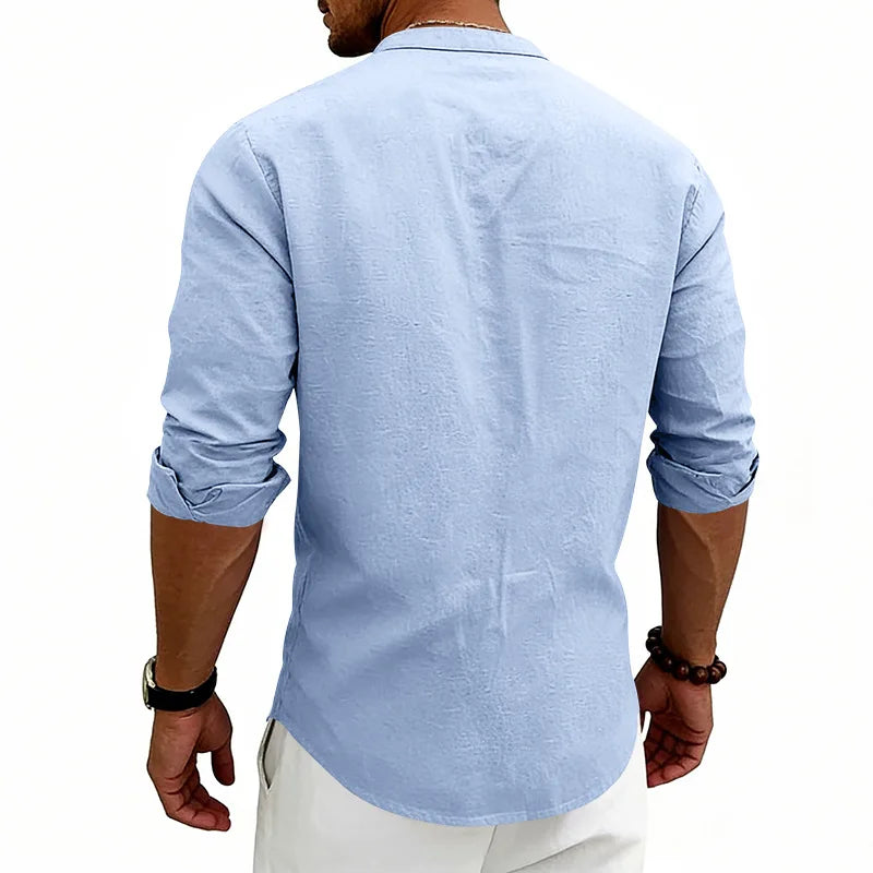 Summer Men's Linen Henry Long Sleeve T-Shirt  European and American Woven Solid Color Casual Polo Shirt