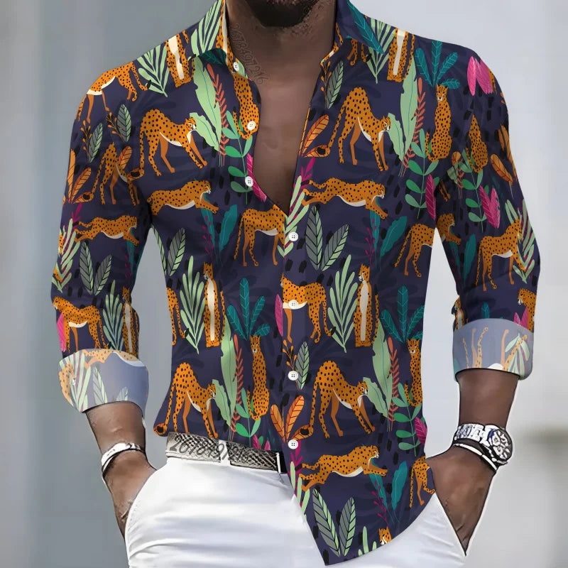 2026 New Hawaiian Style Coconut Tree Print Long-Sleeve Shirt, Stylish Print Men's Casual Vacation Loose Collar Hawaiian Shirt