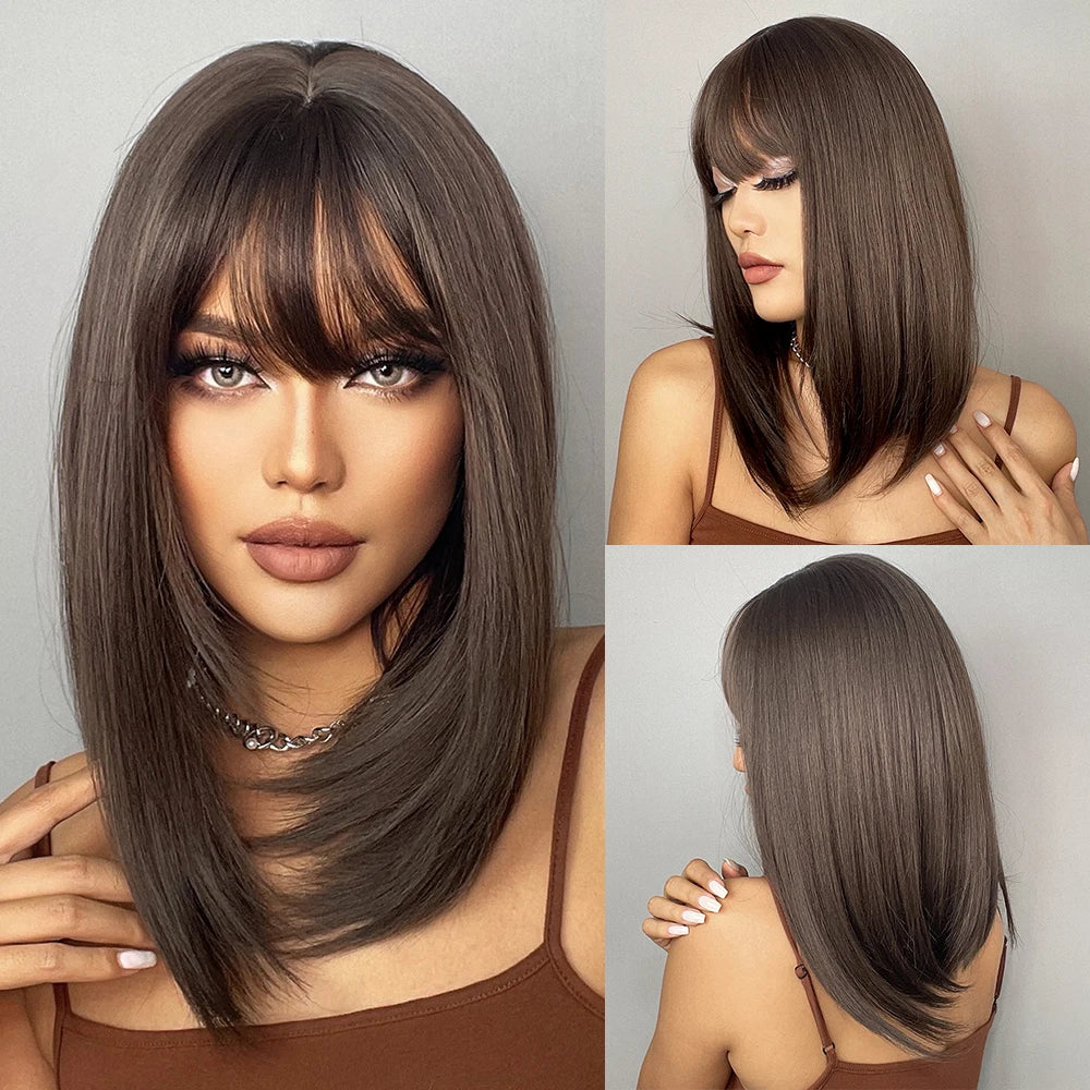 ALAN EATON Layered Synthetic Wigs with Bangs Straight Short Highlights Blonde Hair Wig with for Women Natural Daily Cosplay Wigs