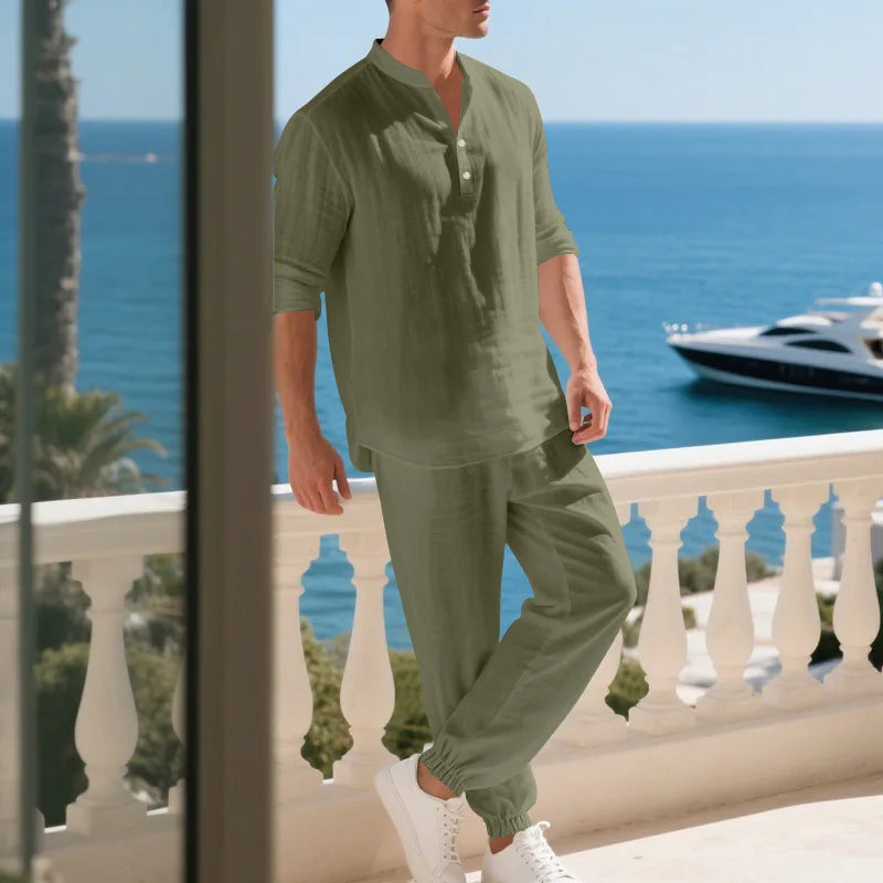 American loose linen set for men autumn Hawaiian home commuter thin Henry shirt long sleeve pants set