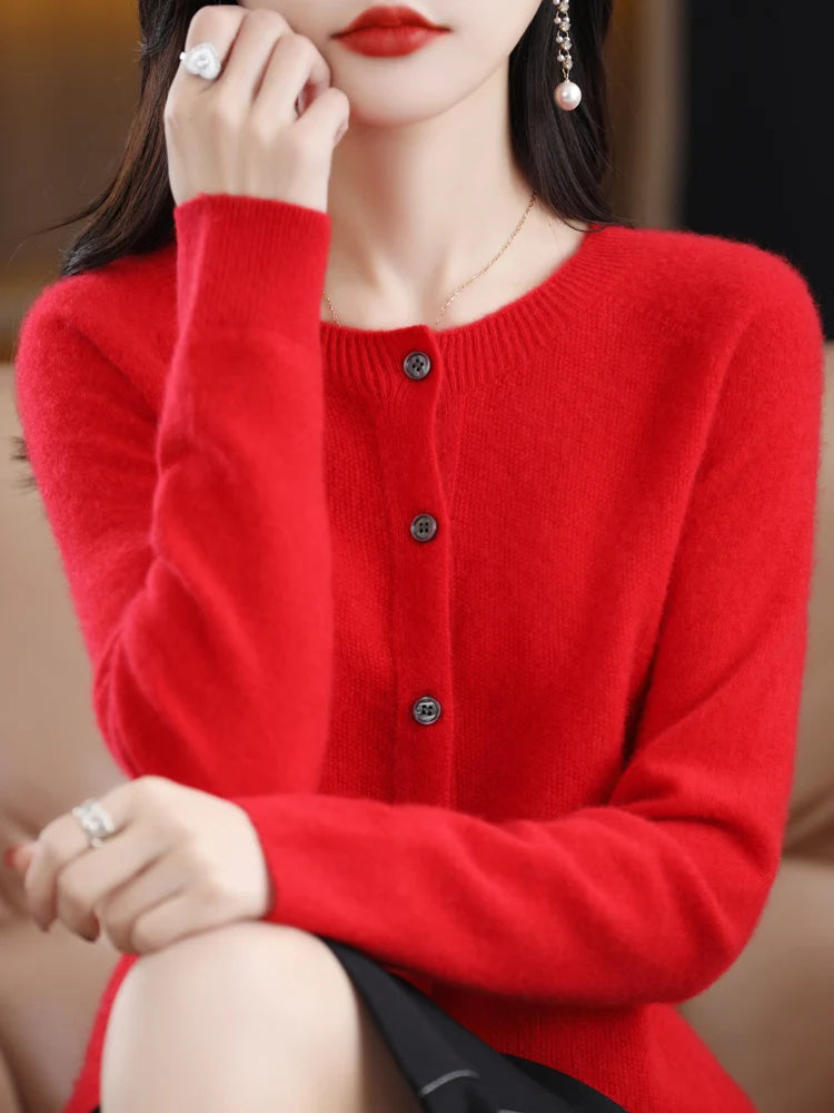 Long Sleeve 100% Merino Wool Sweaters Cashmere Cardigan Spring Autumn Women O-Neck Knitwear Tops Clothing Fashion Basic Tops