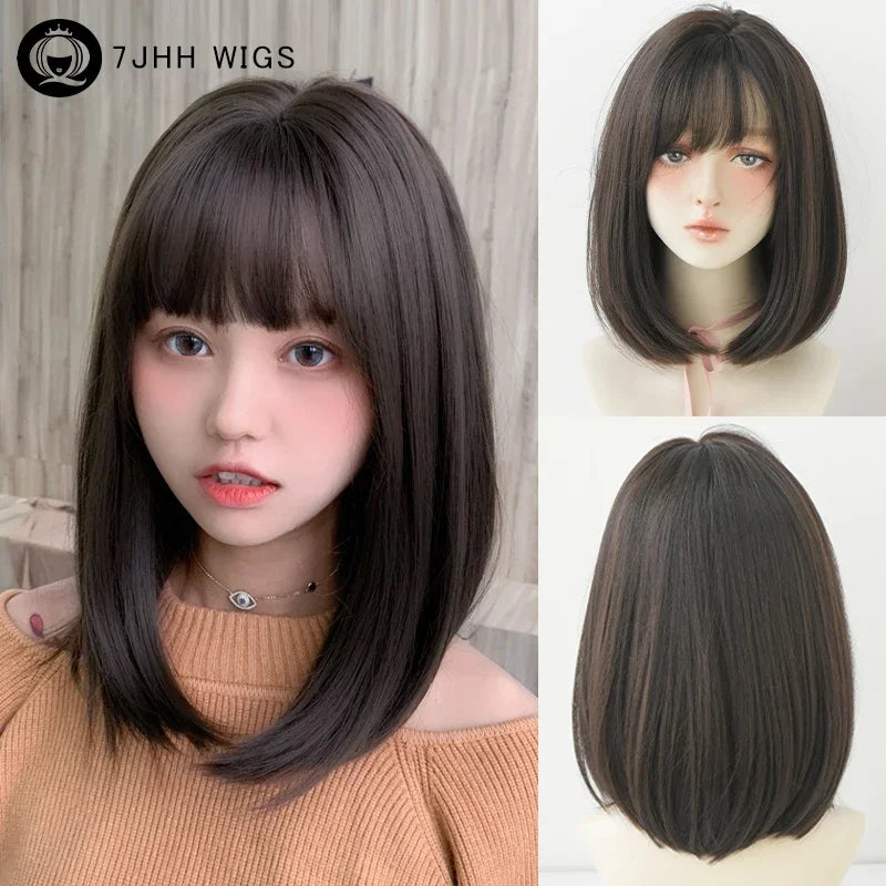 Pixie Cut Wigs Synthetic Short Straight Pink Brown Bob Wigs with Dark Roots High Density Layered Hair Wigs with Curtain Bangs