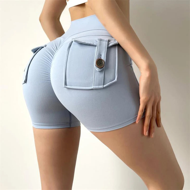 Shorts Women Sport With Pocket Buttocks Fitness Workout High Waist Tights Leggings Push Up Cycling Shorts Scrunch Gym Clothing