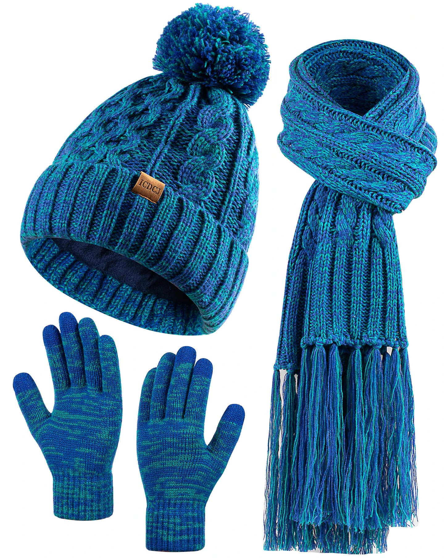 Women Winter Knit Beanie Hat+Touchscreen Gloves+Long Scarve 3 in 1 Set Gift for Women Girls