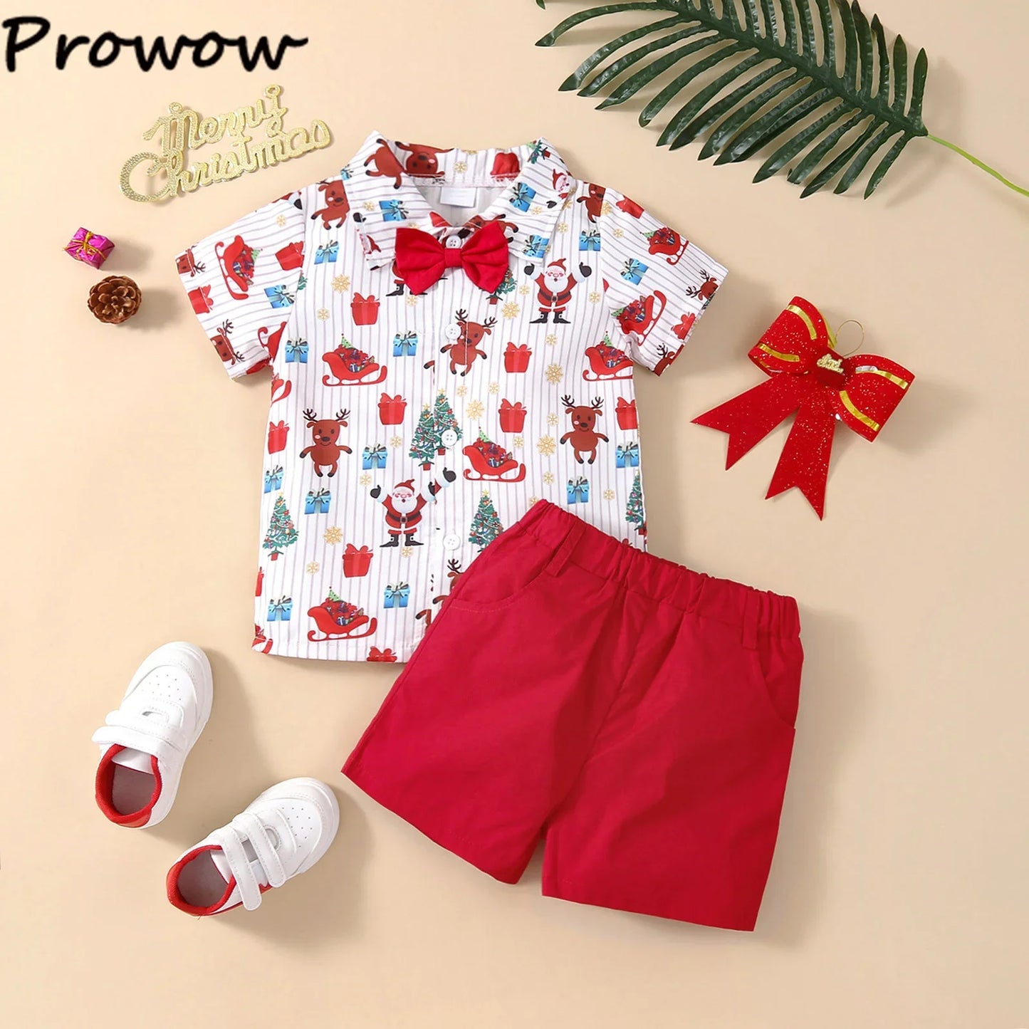 Boys Christmas Outfits For Kids Baby Festival Clothing Short/Long Sleeve Gentleman Shirts+Red Pants New Year Children's Costume
