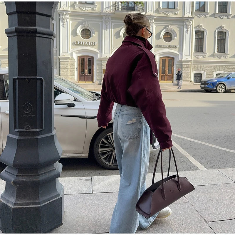 Fashion Wine Red Zipper Loose Overcoat Women Chic High Collar Long Sleeve Lace Up Elastic Waist Jacket Female Commute Daily Coat