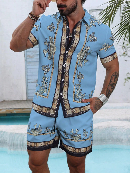 Striped shirt set Men's Short-sleeved Shirt Summer Short-sleeved Shirt Beach Shorts Men's Suit Street Casual y2k Shorts Leisure