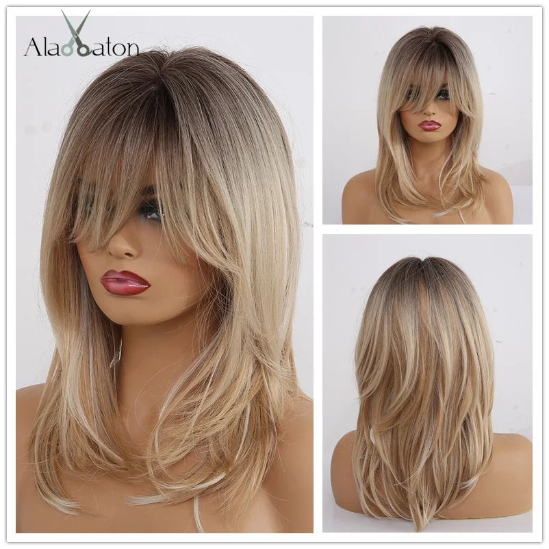 ALAN EATON Layered Synthetic Wigs with Bangs Straight Short Highlights Blonde Hair Wig with for Women Natural Daily Cosplay Wigs