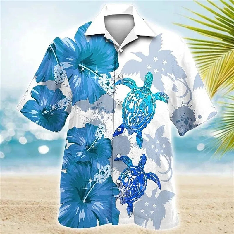 New men's street fashion short sleeved shirt top with 3D turtle print guitar pattern casual short sleeved shirt