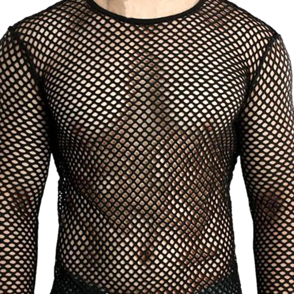 Men Club Top See-through Hollow Out Fishnet O Neck Short Sleeve Loose Thin Pullover Hip Hop Streetwear Men T-shirt