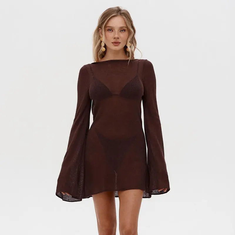 Summer Seaside Women's Solid Knit Mini Dress 2025 Sexy Backless Bell Sleeve See Through Short Dress Beach Swimsuit Cover Up K98