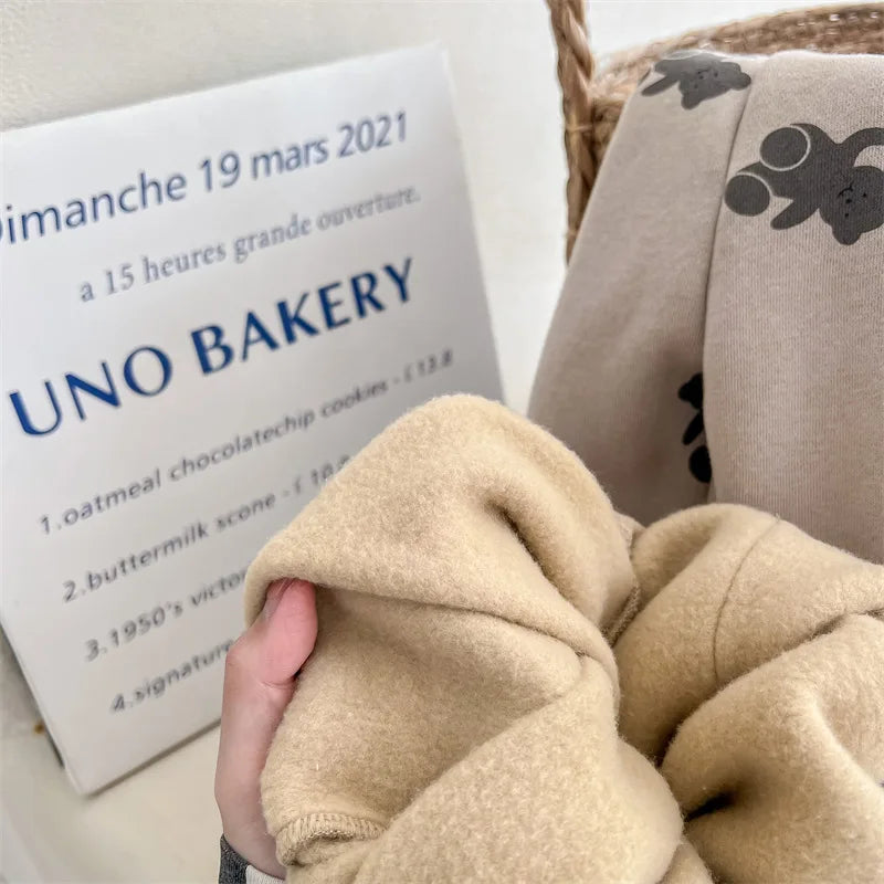 Winter Boys and girls cartoon bears inner fleece sweatpants Children thicken warm loose Trousers