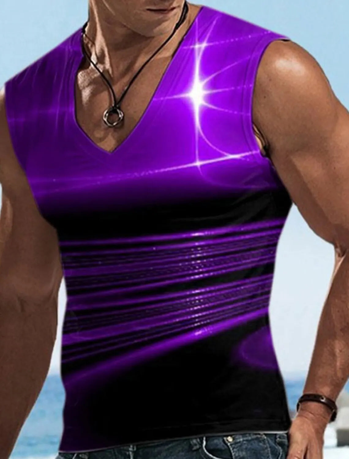 Men\'s Vest Sleeveless T Shirt Patterned Spliced Flame Shirt Casual Muscle V Neck Clothing 3D Printed Sports Running Fitness