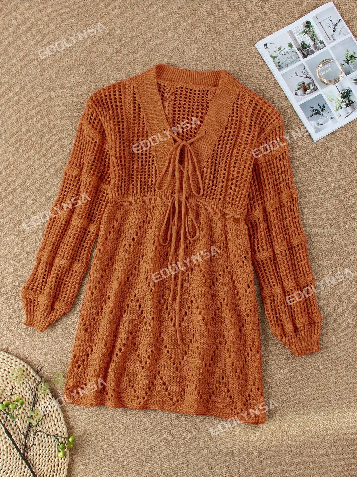 Sexy Deep V-neck Lace-up Bell Sleeve Knit Mesh Hollow Out Beach Mini Dress 2025 Summer Swimsuit Cover Up Women Casual Tunic K14