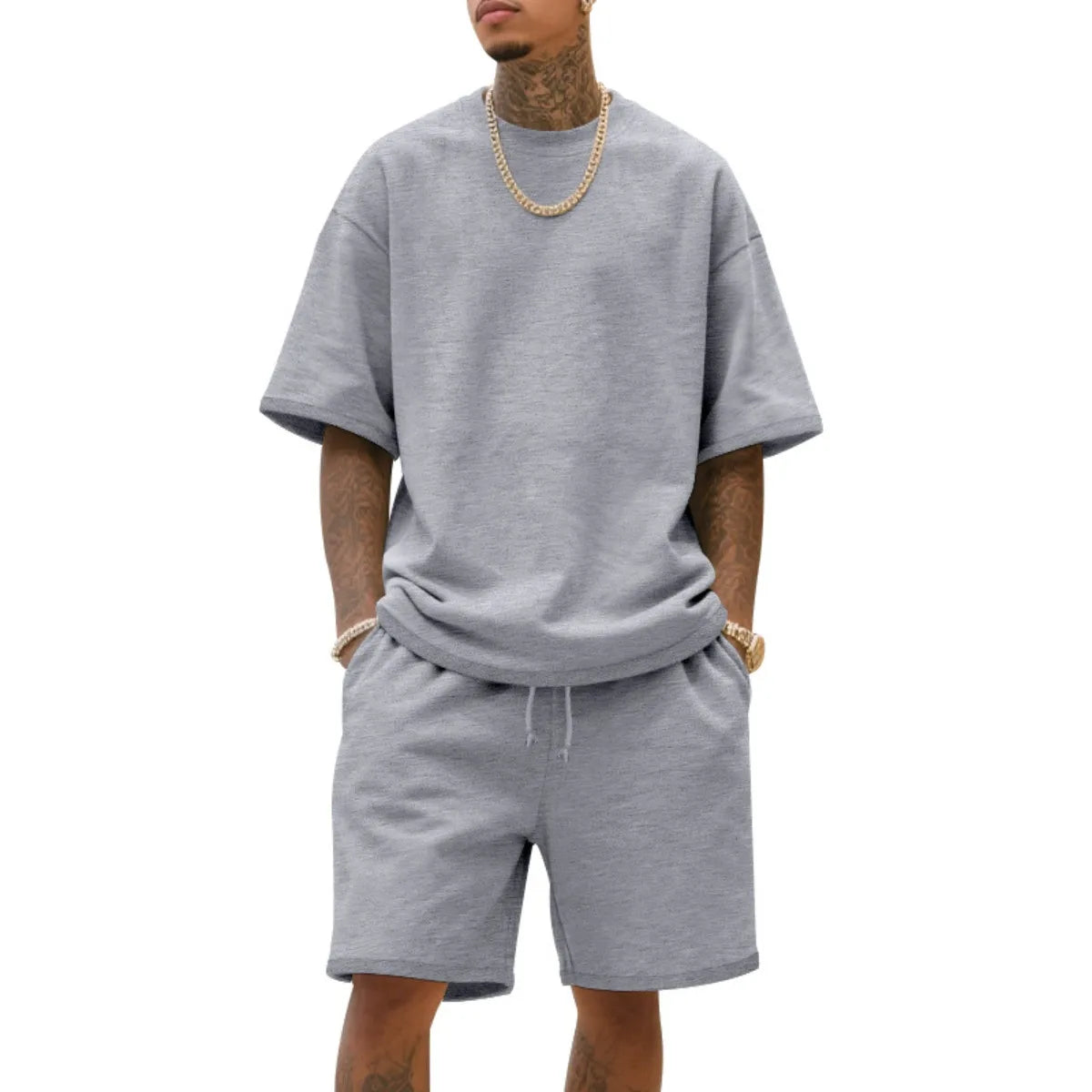 2025 100%  Cotton Men's Summer American-Style Loose High Street Hip-Hop Sport Short-Sleeved Set with Shorts