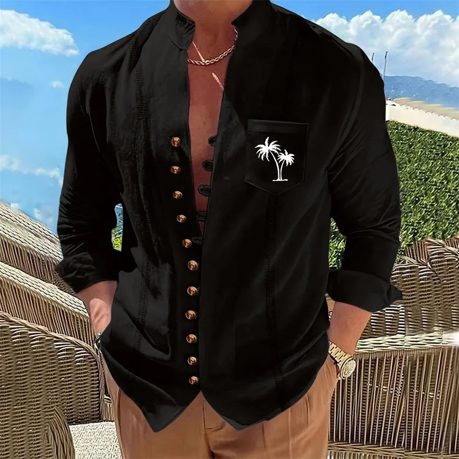 Men's long sleeved casual solid color coconut tree print shirt casual cardigan 11 button long sleeved top