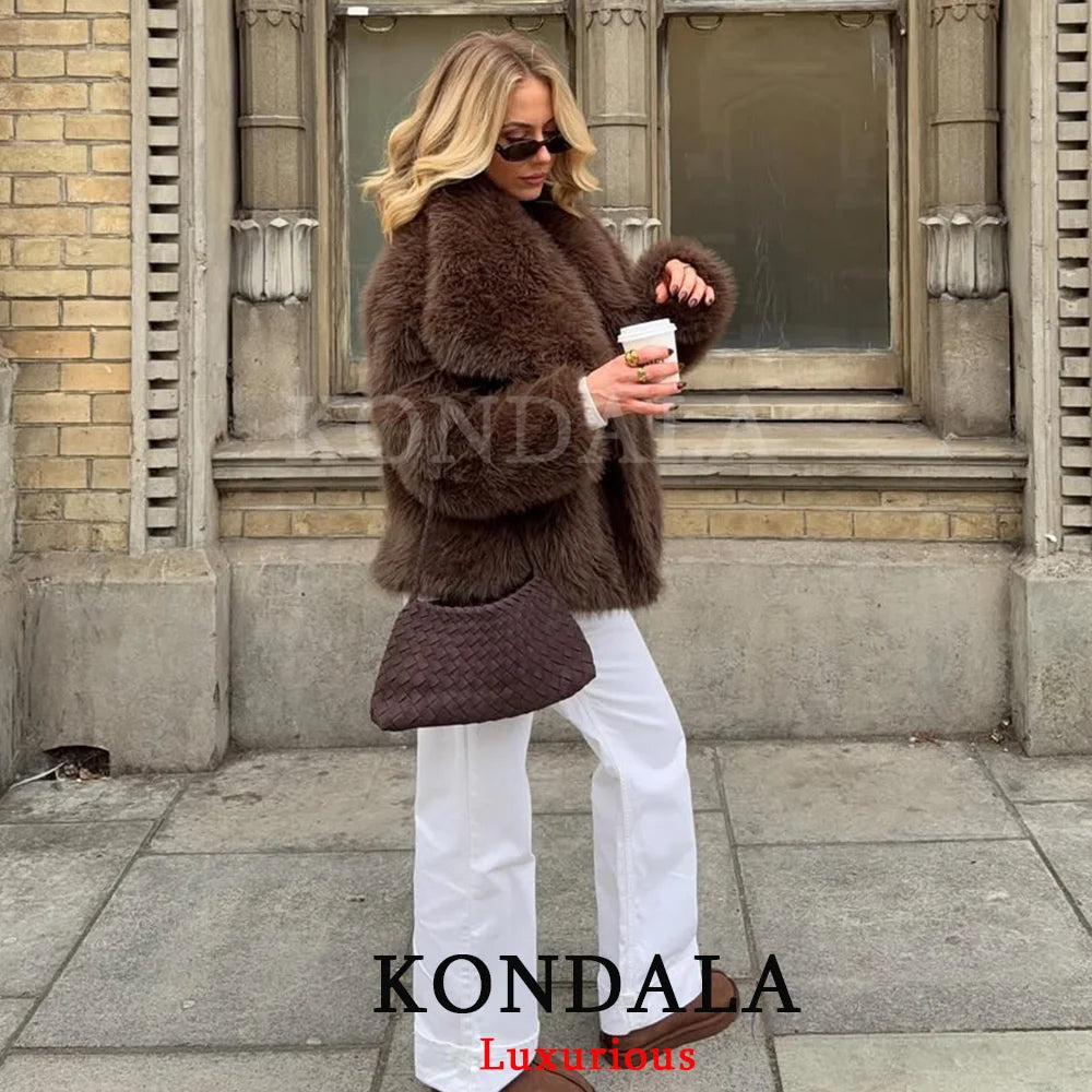 KONDALA Casual Brown Thick Fur Jackets Women Long Sleeve V Neck Autumn Winter Faux Fur Coats Fashion 2025 Streetwear Outwears
