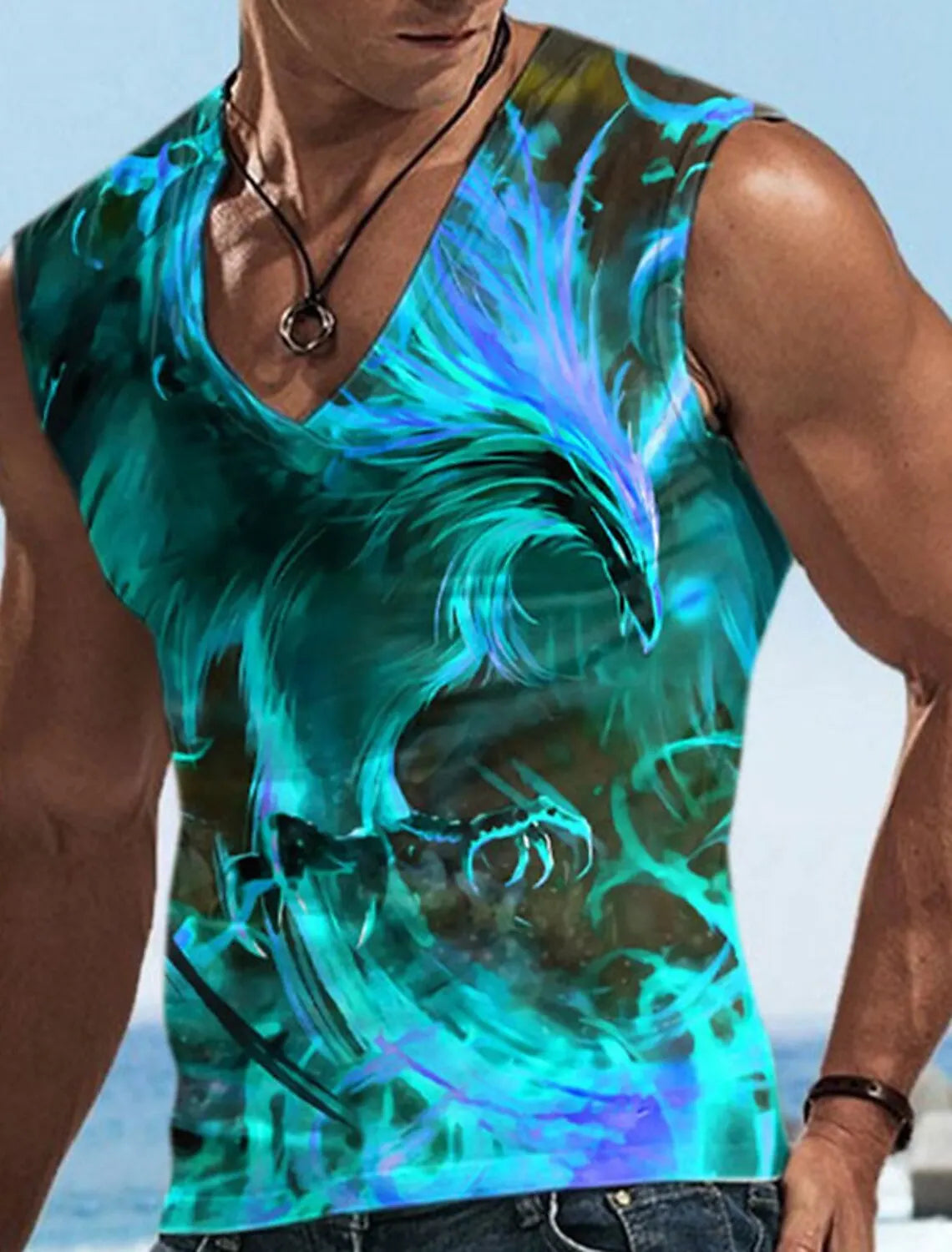 Men\'s Vest Sleeveless T Shirt Patterned Spliced Flame Shirt Casual Muscle V Neck Clothing 3D Printed Sports Running Fitness