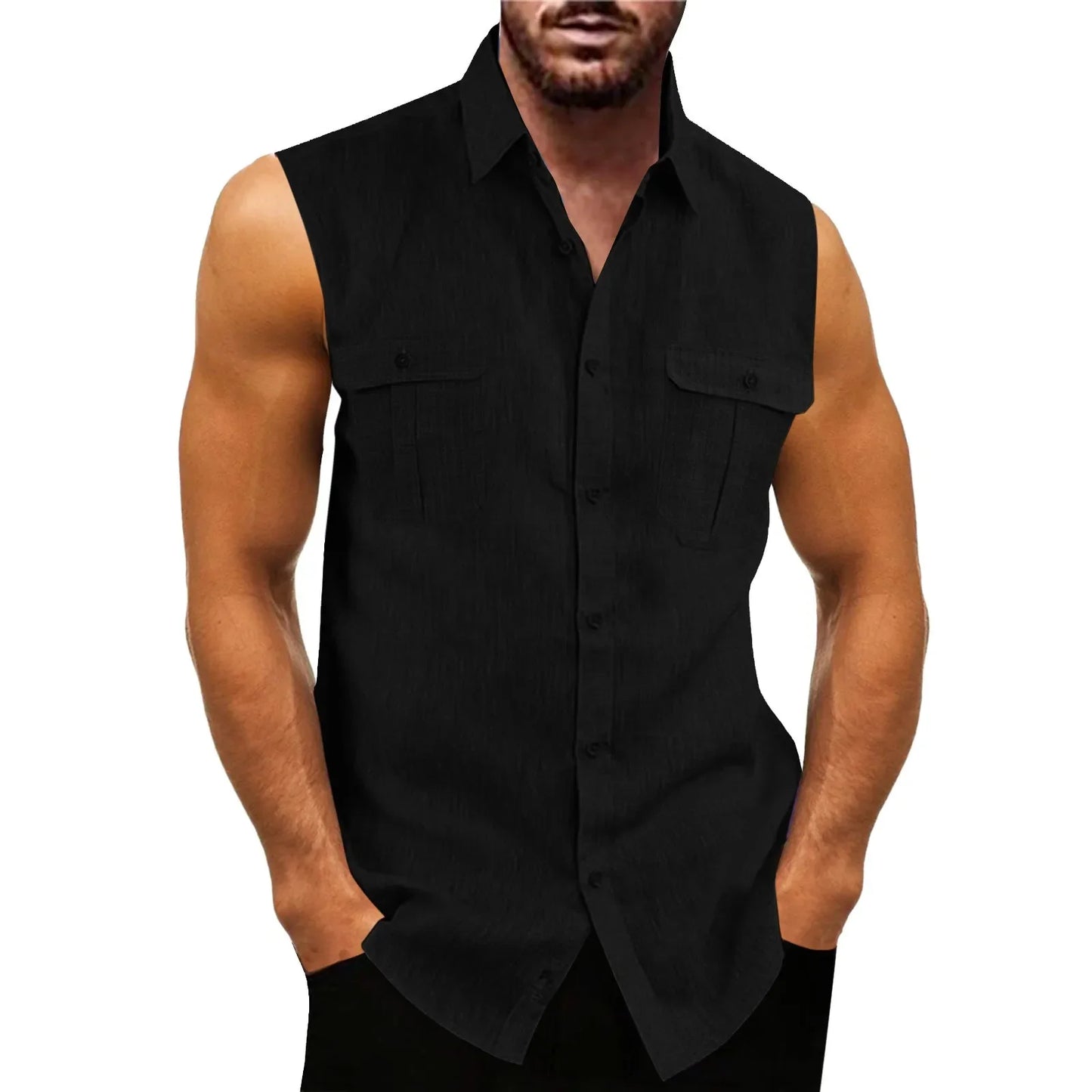 New Men's Shirts Vest Summer Cotton Linen Tops Solid Color Cardigan Sleeveless Loose Lapel Handsome Men's Shirts Casual Blouse