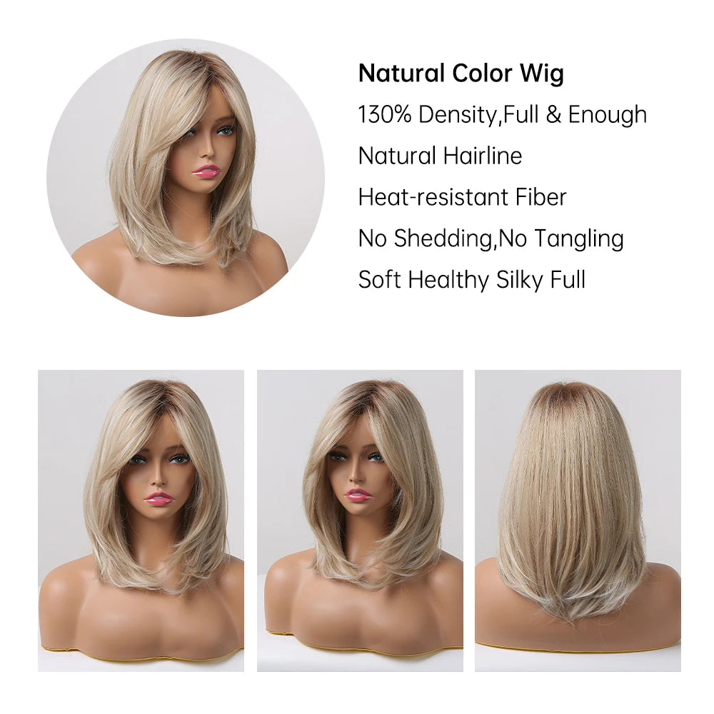 ALAN EATON Layered Synthetic Wigs with Bangs Straight Short Highlights Blonde Hair Wig with for Women Natural Daily Cosplay Wigs