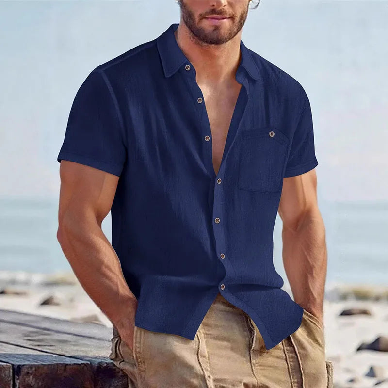 Men's Casual Linen Blend Shirt Short Sleeve Turn Down Collar Button Up Lightweight Breathable Beach Tunic Tops