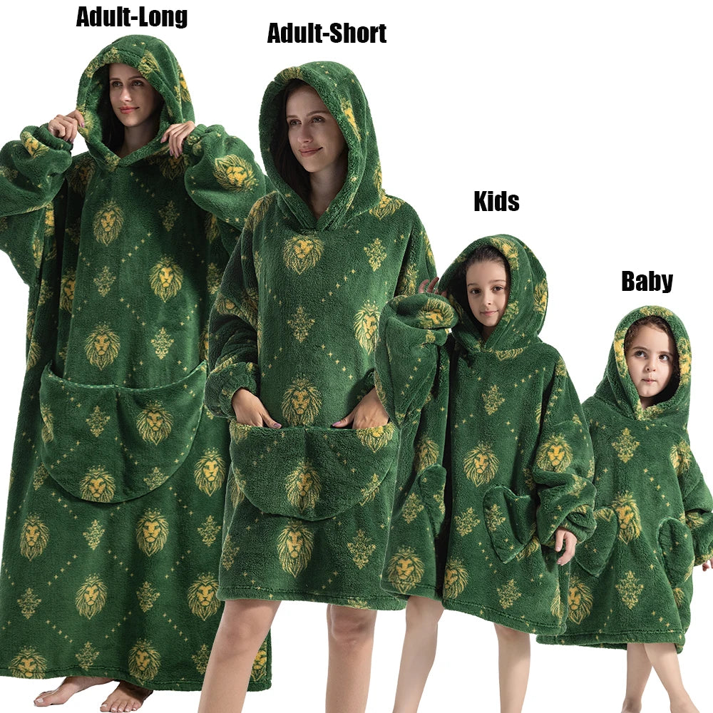 Super Long Oversized Winter Sherpa Blanket Plush Flannel Warm Family Matching Hoodie Christmas Homewear Avocado Women Sweatshirt