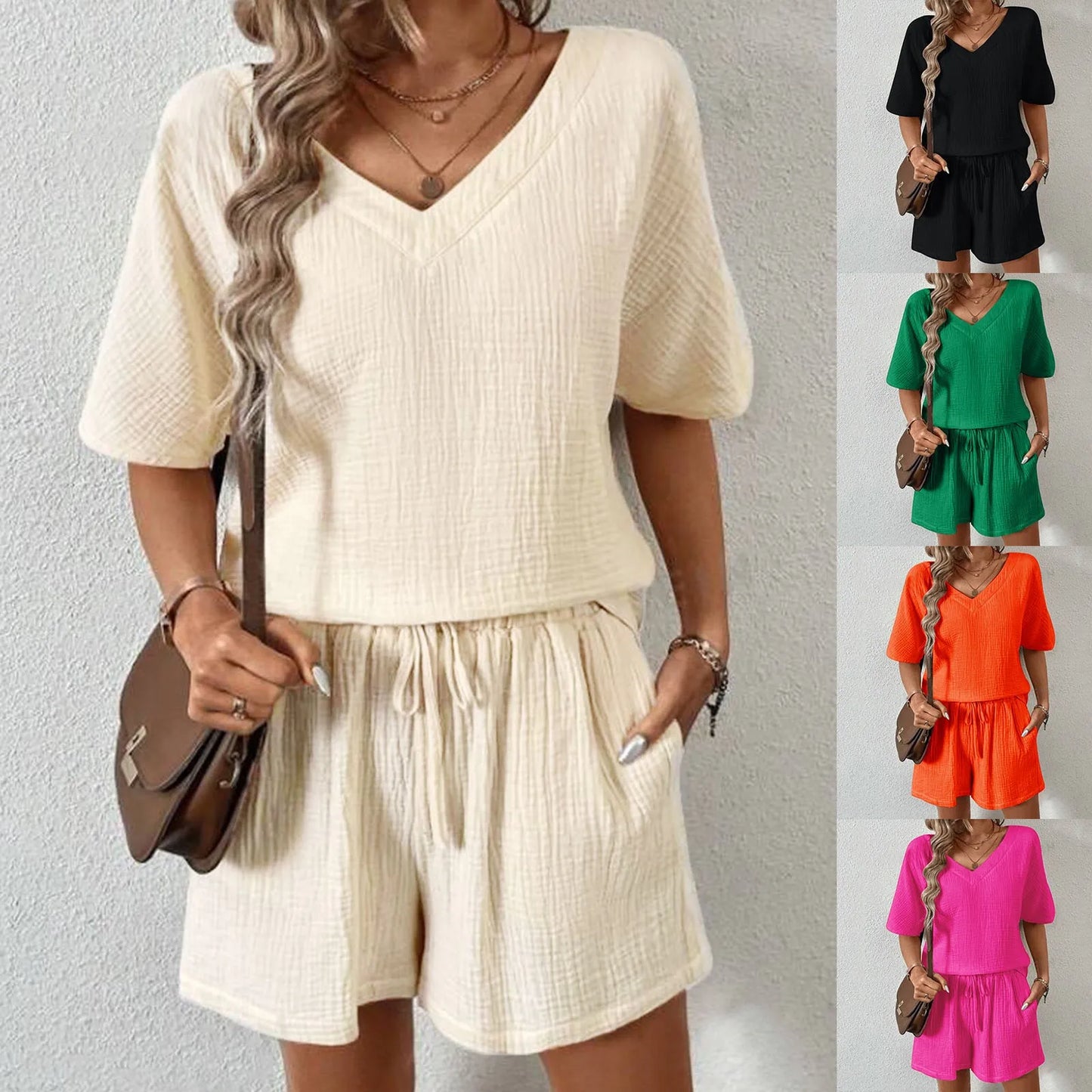 Women's Vacation Fashion Casual Suit Solid Color Summer Shorts And Shirt Top Two Piece Sets Lapel Shirt Sexy Slim Swimming Tech