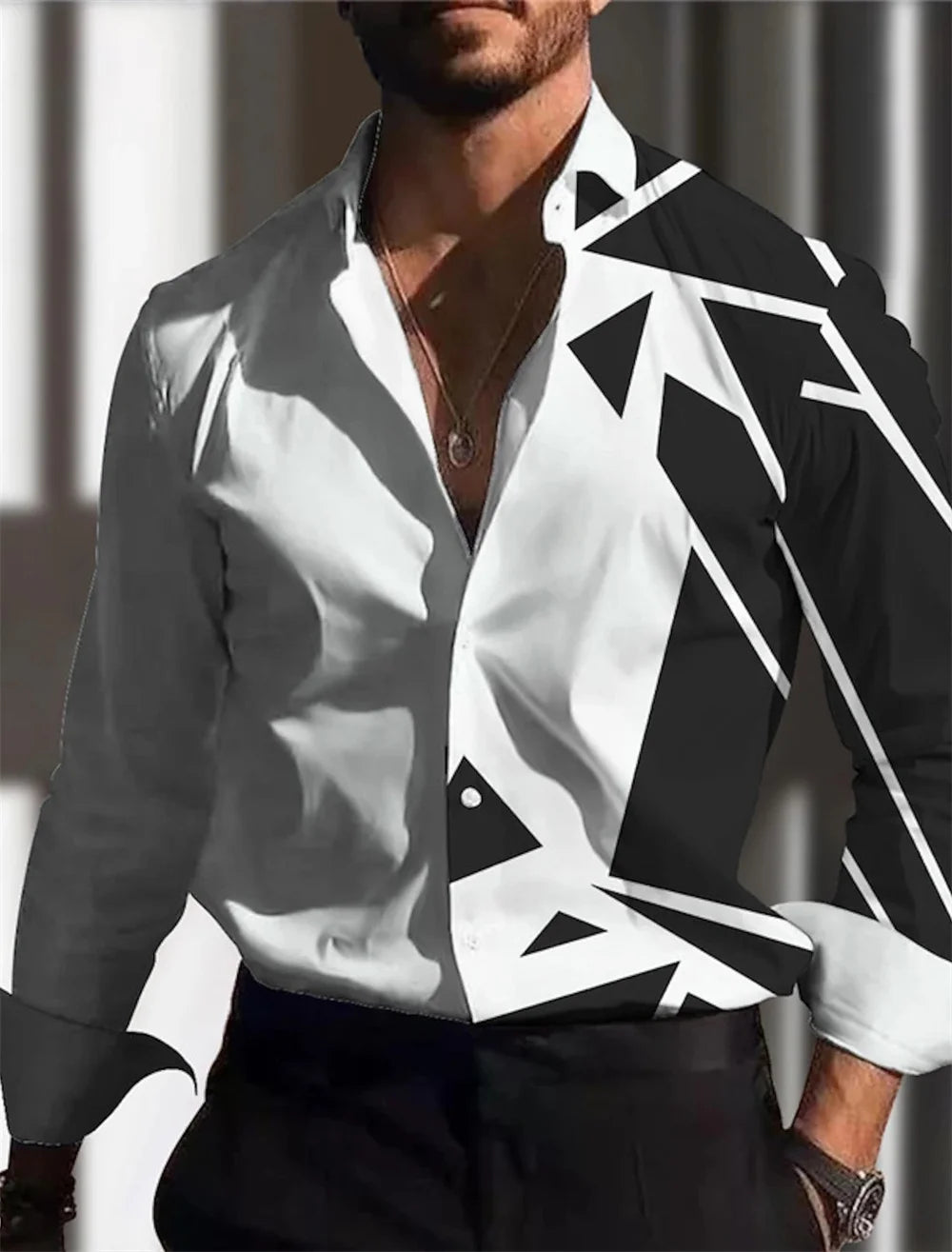 Men's shirt with gold pattern print, white, black, red long sleeved lapel button up shirt, fashionable casual top, plus size