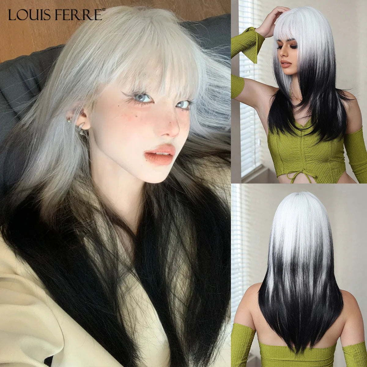 LOUIS FERRE Black Pink Ombre Synthetic Wigs for Cosplay Long Straight Layered Wigs with Bangs for Women Heat Resistant Fake Hair