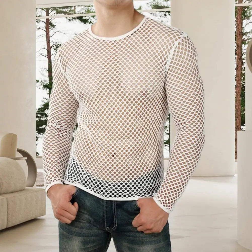 Men Club Top See-through Hollow Out Fishnet O Neck Short Sleeve Loose Thin Pullover Hip Hop Streetwear Men T-shirt