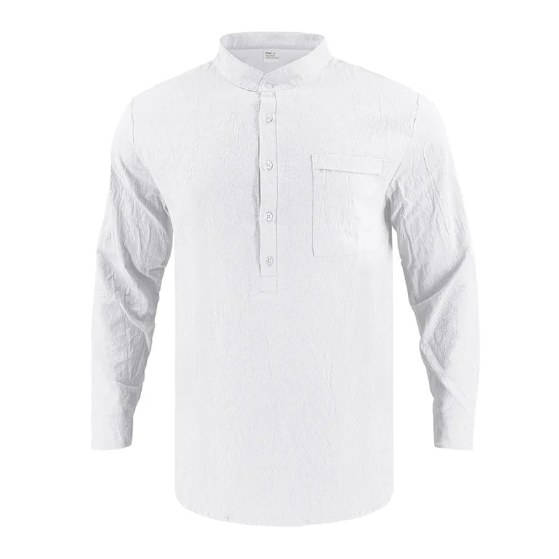 Summer Men's Linen Henry Long Sleeve T-Shirt  European and American Woven Solid Color Casual Polo Shirt