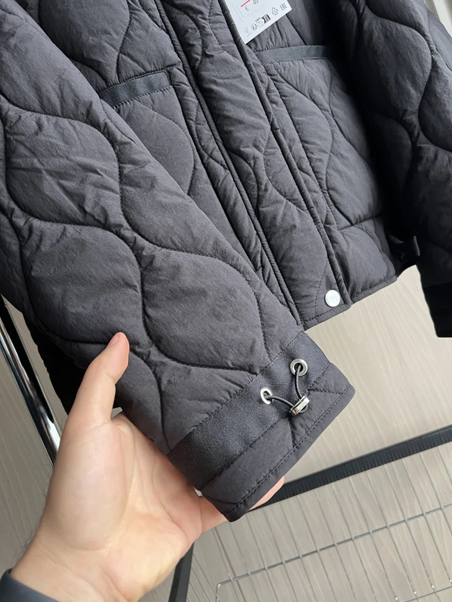 Quilted coat for women ETJ 2025 QUILTED JACKET WITH TIES new beige drawstring high neck pocket clip cotton jacket for women