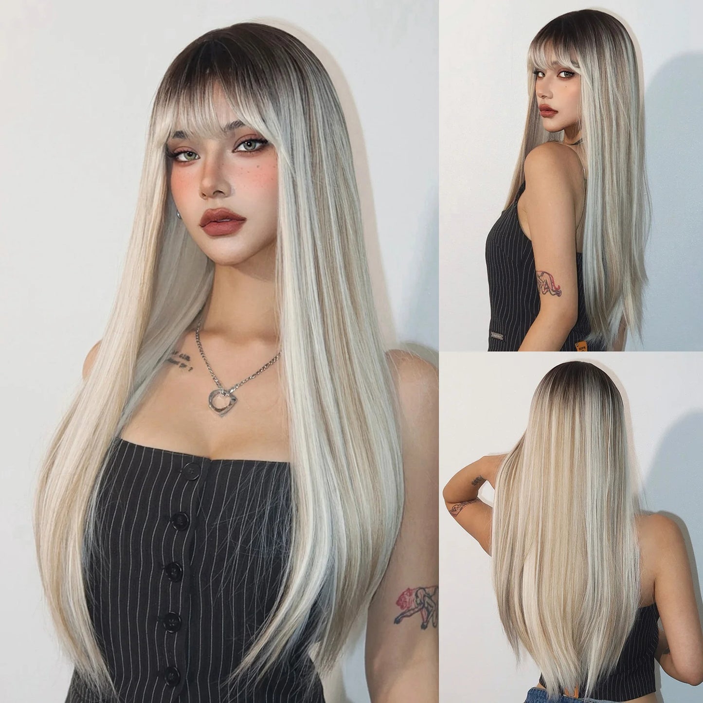 LOUIS FERRE Black Pink Ombre Synthetic Wigs for Cosplay Long Straight Layered Wigs with Bangs for Women Heat Resistant Fake Hair