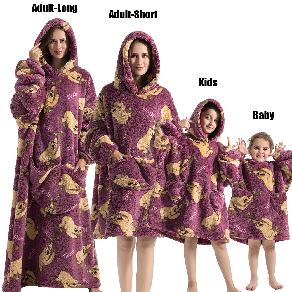 Extra Long Winter Hoodies Sherpa TV Blanket Plush Fleece Family Matching Outfits Sweatshirts Avocado Dinosaur Homewear Oversized