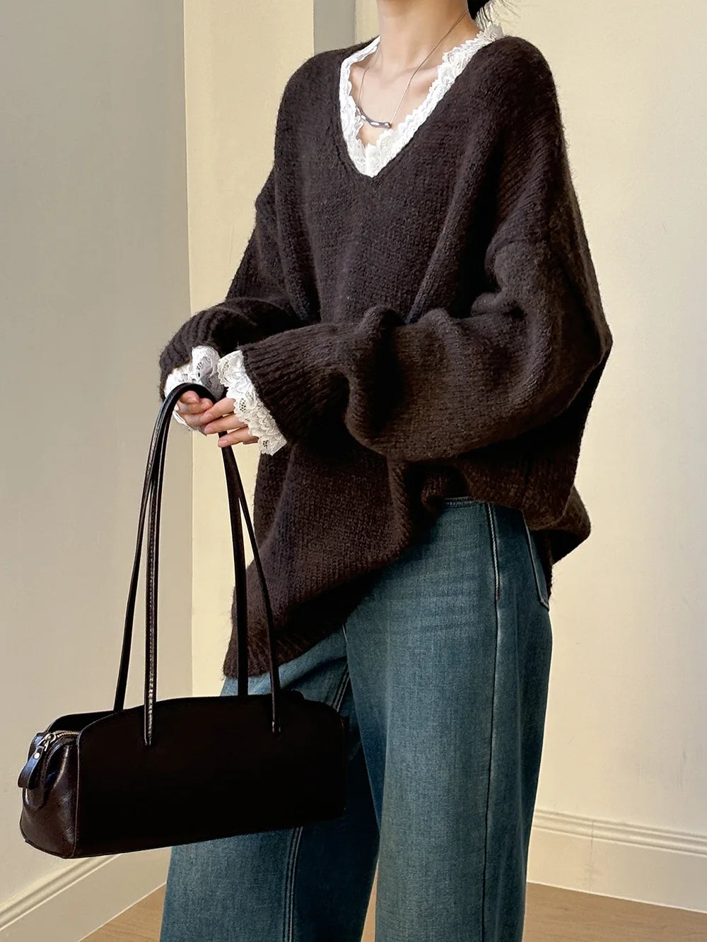 Aoaiiys Sweaters Women V Neck Lace Spliced Pullovers Vintage Chic Knitted Jumpers Autumn Winter New Comfortable Loose Sweaters