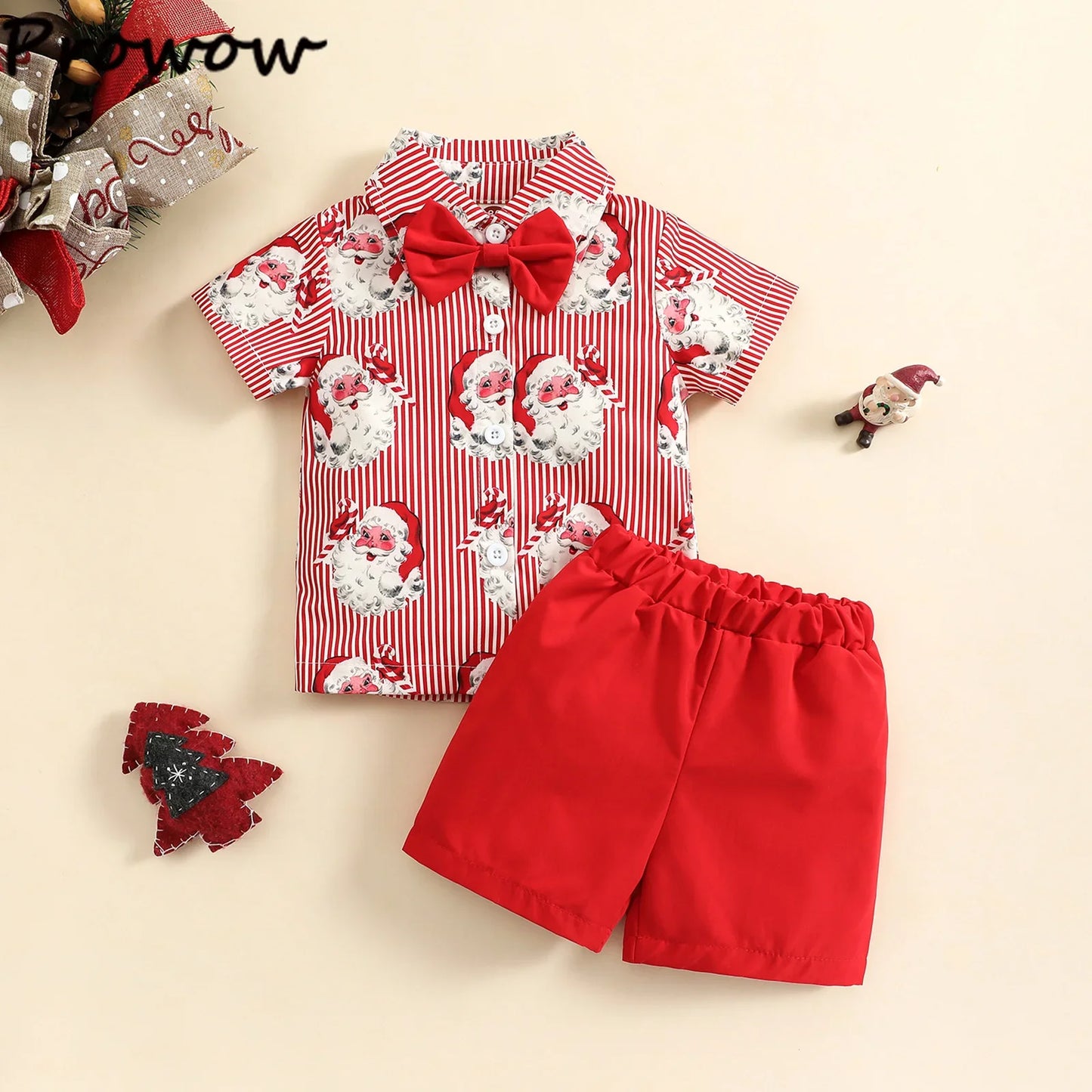 Boys Christmas Outfits For Kids Baby Festival Clothing Short/Long Sleeve Gentleman Shirts+Red Pants New Year Children's Costume
