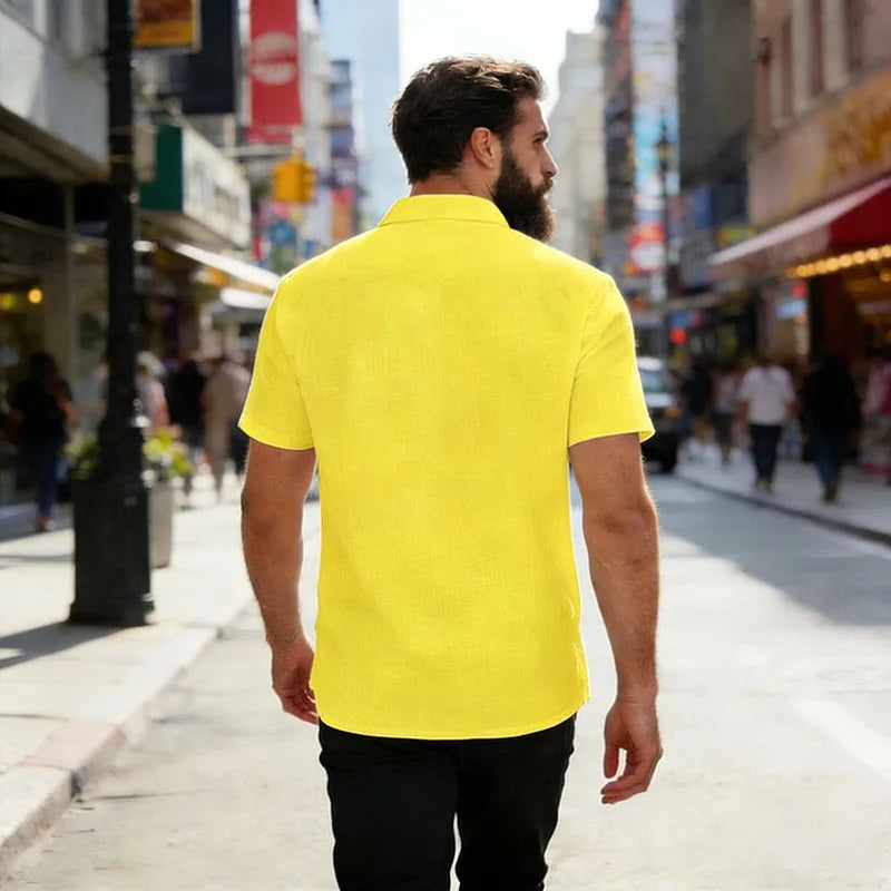 Men's Casual Linen Blend Shirt Short Sleeve Turn Down Collar Button Up Lightweight Breathable Beach Tunic Tops